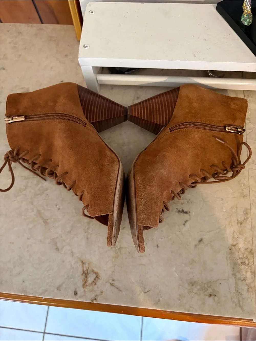 Vince Camito Suede Lace-Up Peep Toe Heeled Booties - Brown